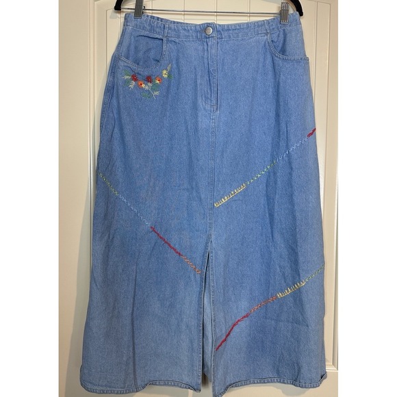 Susan Bristol Dresses & Skirts - Denim Cotton Maxi Embroidered Boho Country Vintage Skirt Western slit Sz 10P